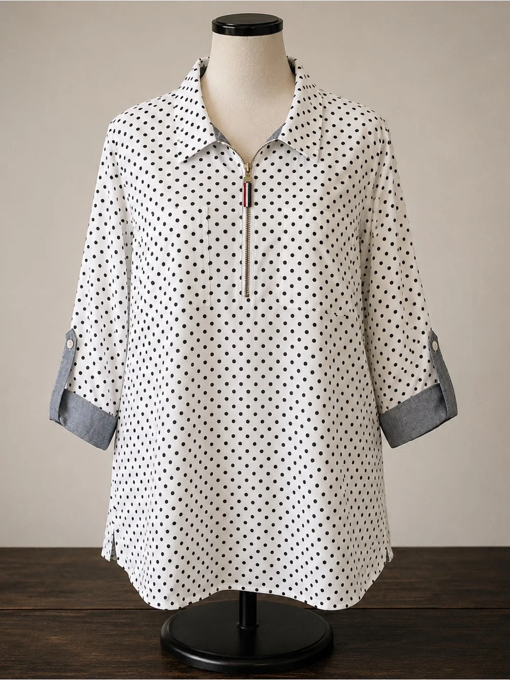 Tommy Hilfiger 3X Polka Dot Half Zip Cotton Tunic Top